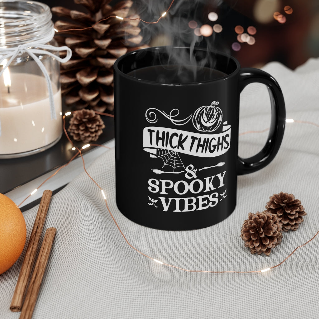 Thick Thighs Spooky Vibes Black Mug