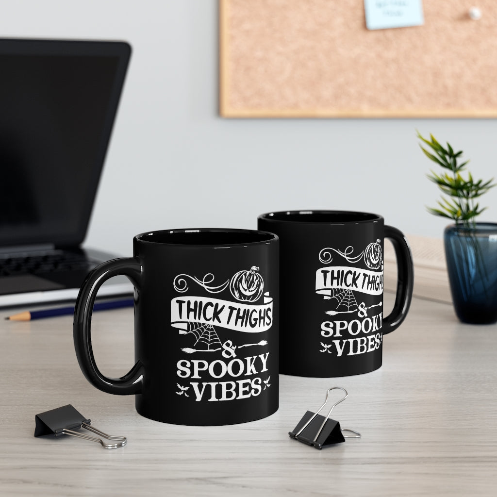 Thick Thighs Spooky Vibes Black Mug