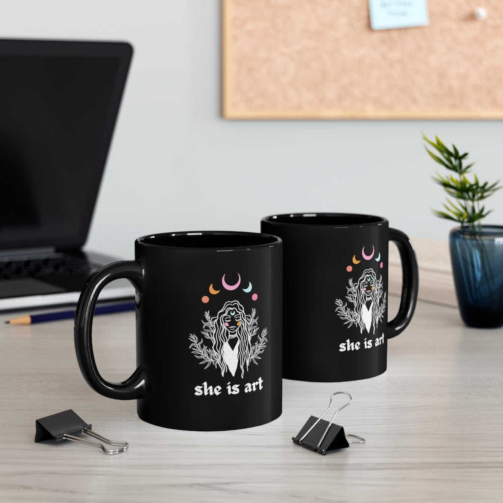 She is Art, Witchy mug, Moon Black Mug