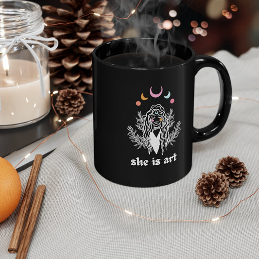 She is Art, Witchy mug, Moon Black Mug